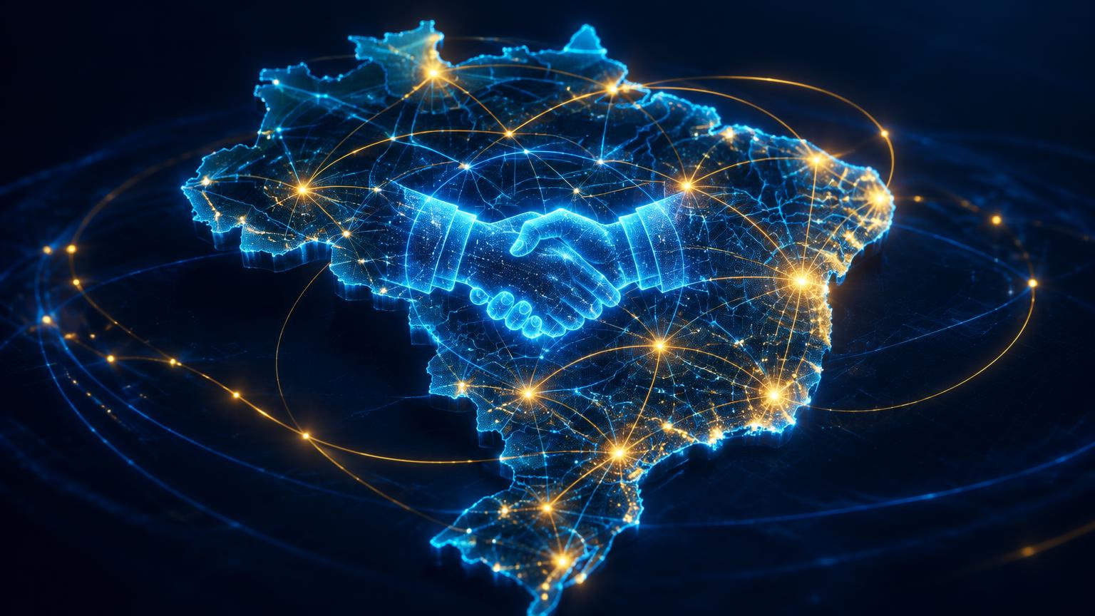 Mapa holográfico do Brasil conectando parceiros
