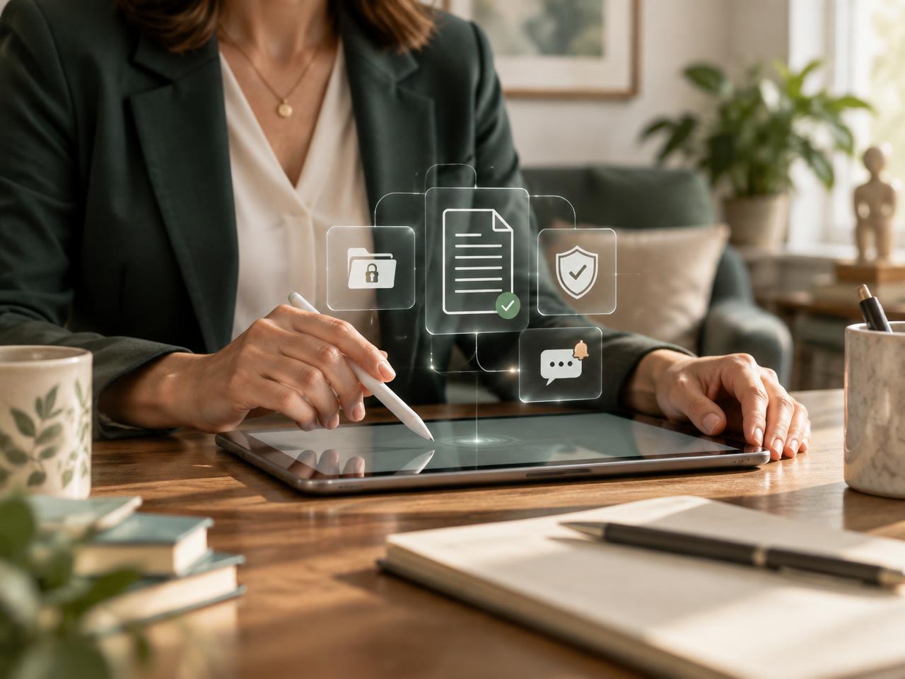 Profissional usando um ambiente digital protegido para documentos clínicos